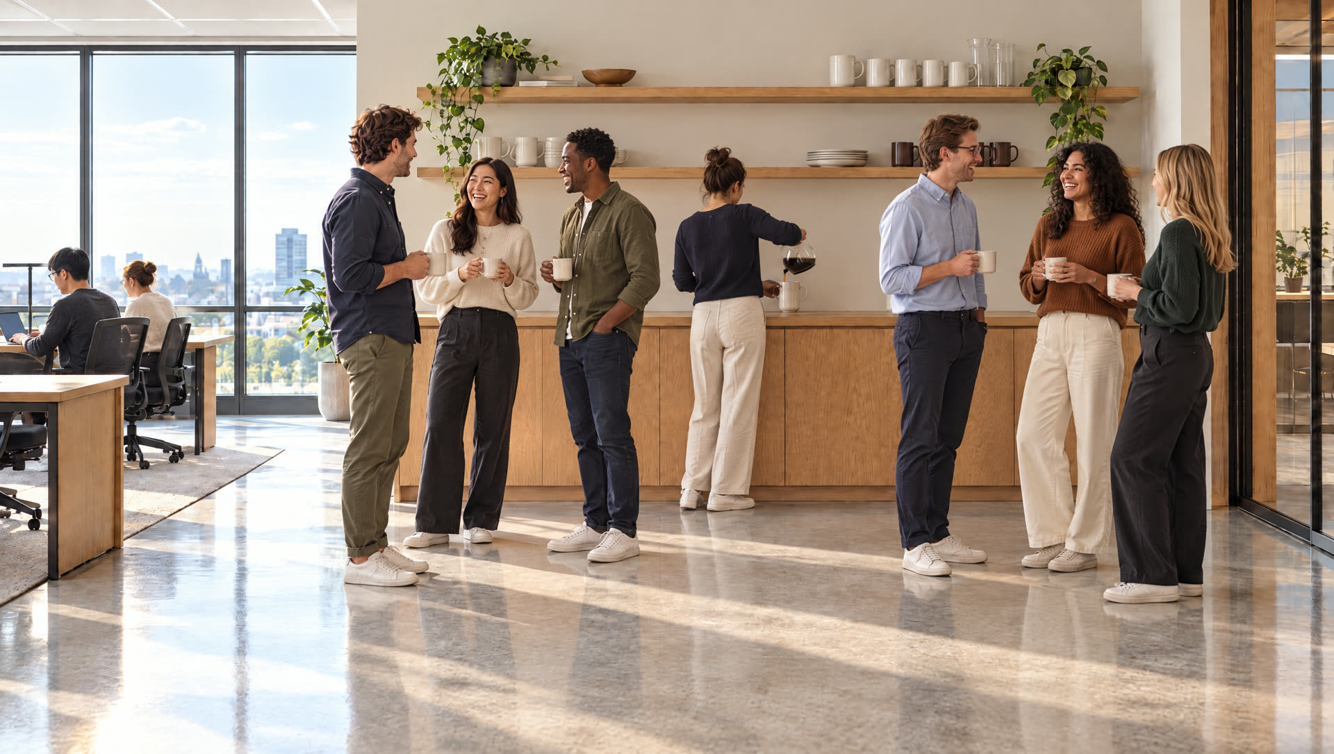 A lively group of colleagues talking over coffee in the office kitchen